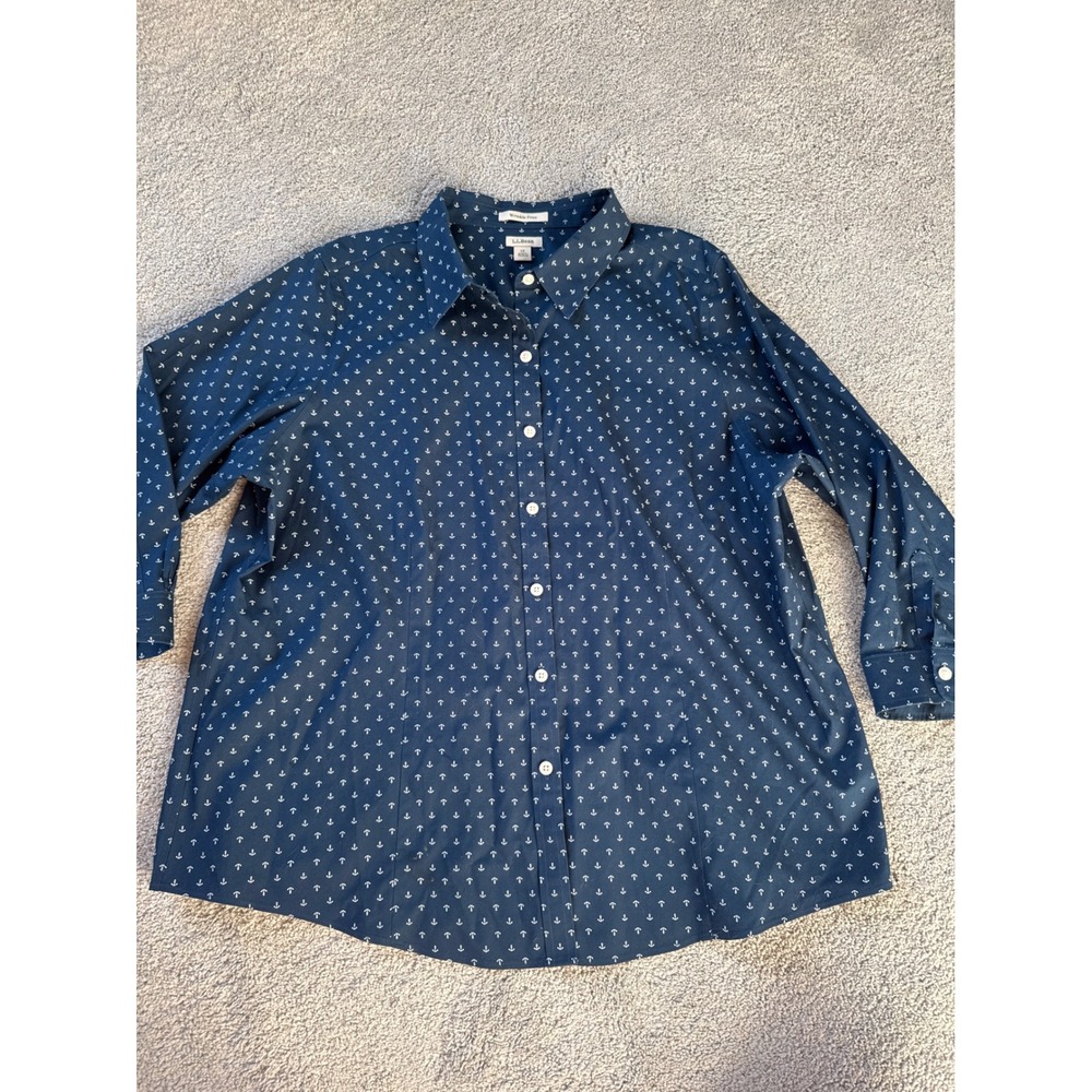 L.L. Bean Navy Button-Down Shirt with White Anchor Print